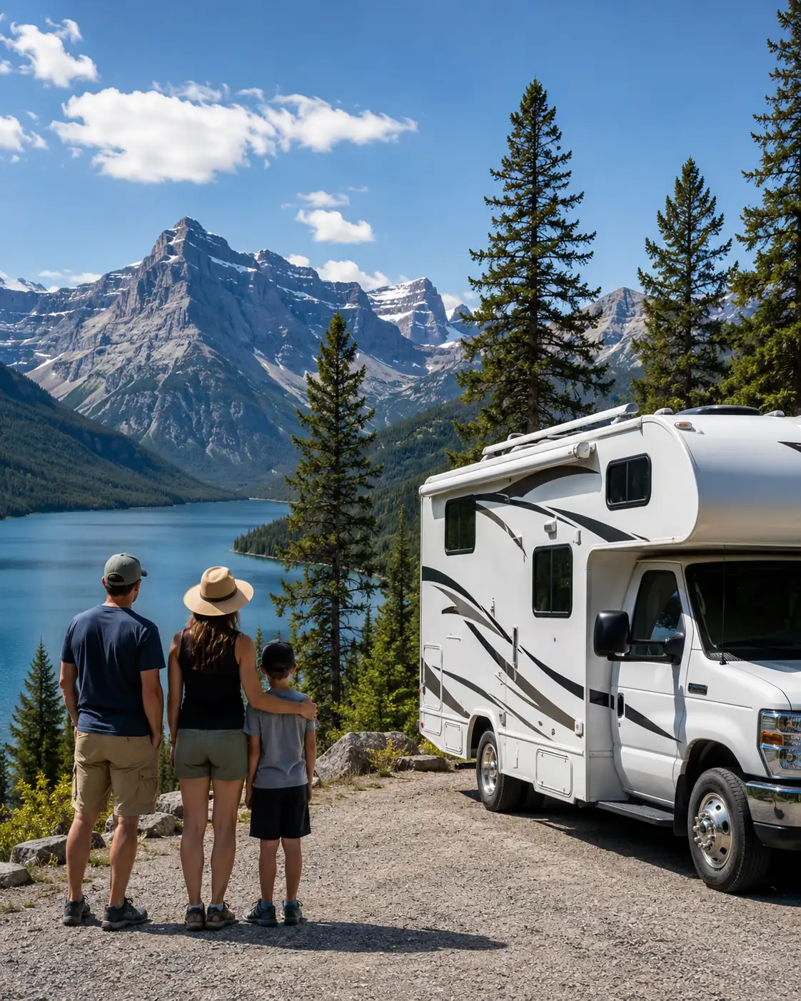 Family standing beside an RV in a mountain setting