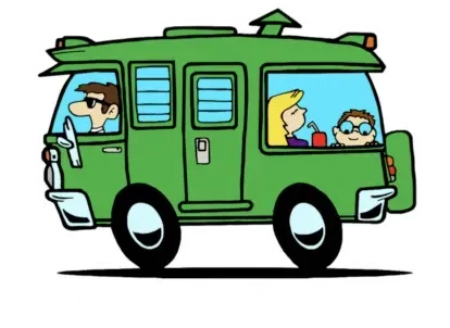 Cartoon family traveling in a green RV