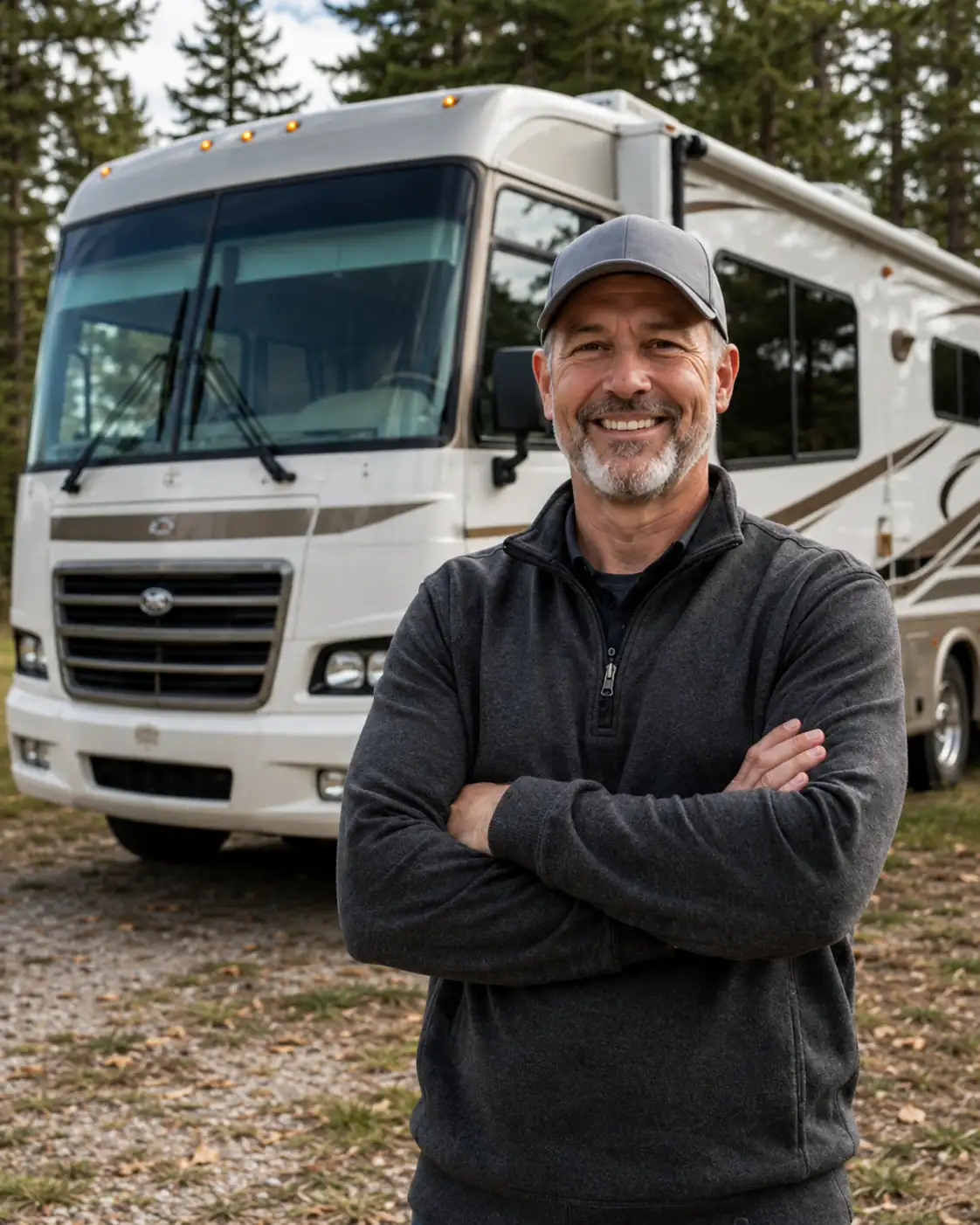 RV owner standing in front of an RV